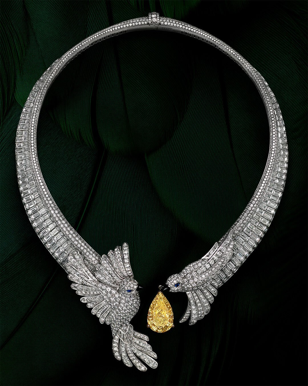 The Gift of Love - Image shows Graff 'The Gift of Love' High Jewellery Necklace featuring two birds crafted of white diamonds and a pear shaped yellow diamond