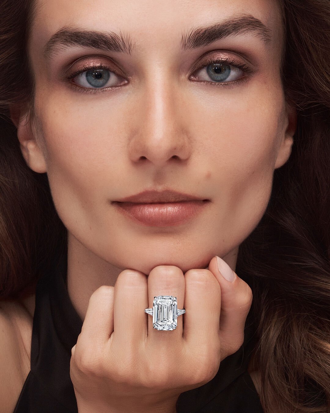 Graff I Wish Campaign - Model wears Graff White Diamond solitaire ring and white diamond bracelet