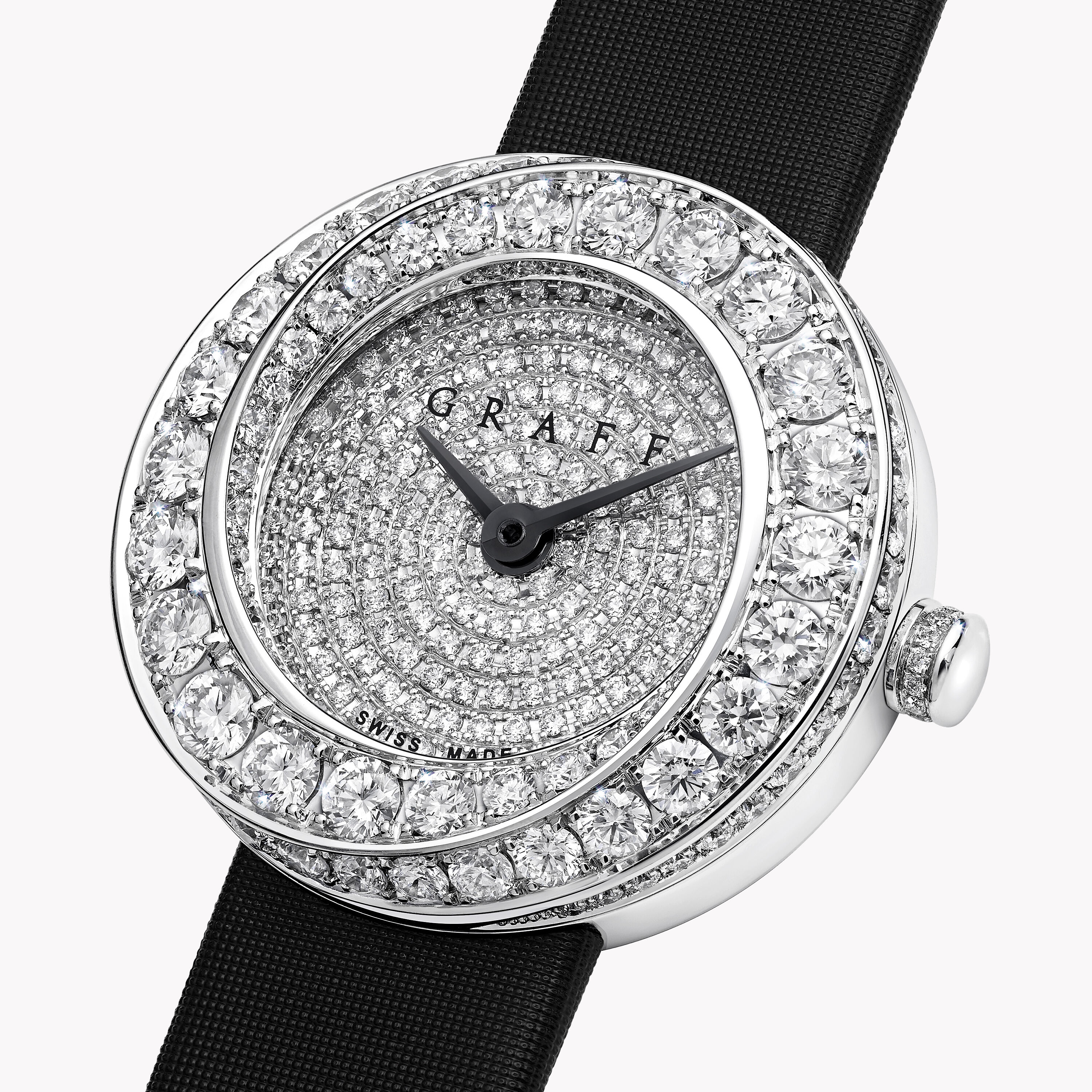 Spiral Watch, diamond dial, white gold, black satin strap, 19mm - Graff