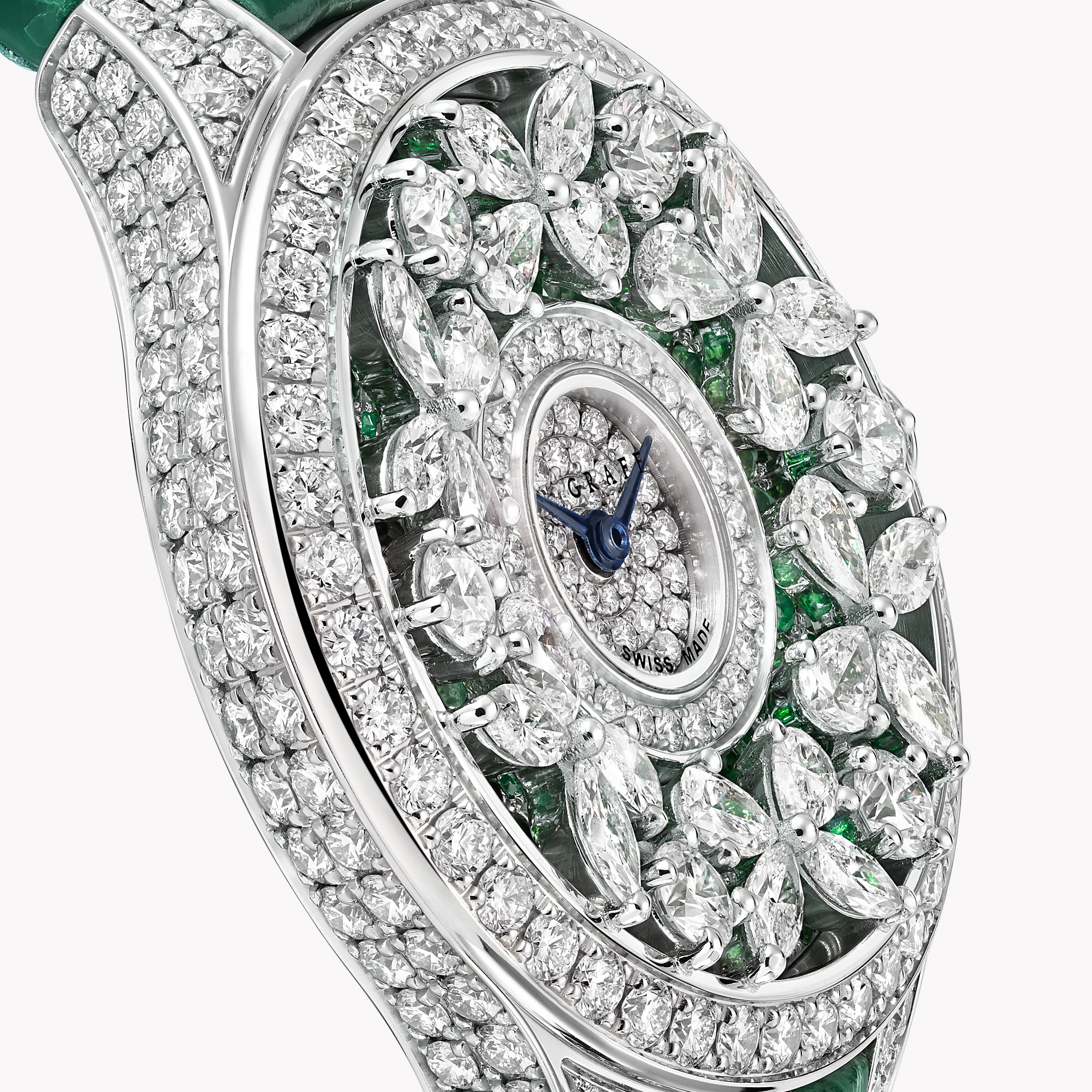 經典蝴蝶腕錶- 祖母綠配鑽石和綠色皮革錶帶| 格拉夫