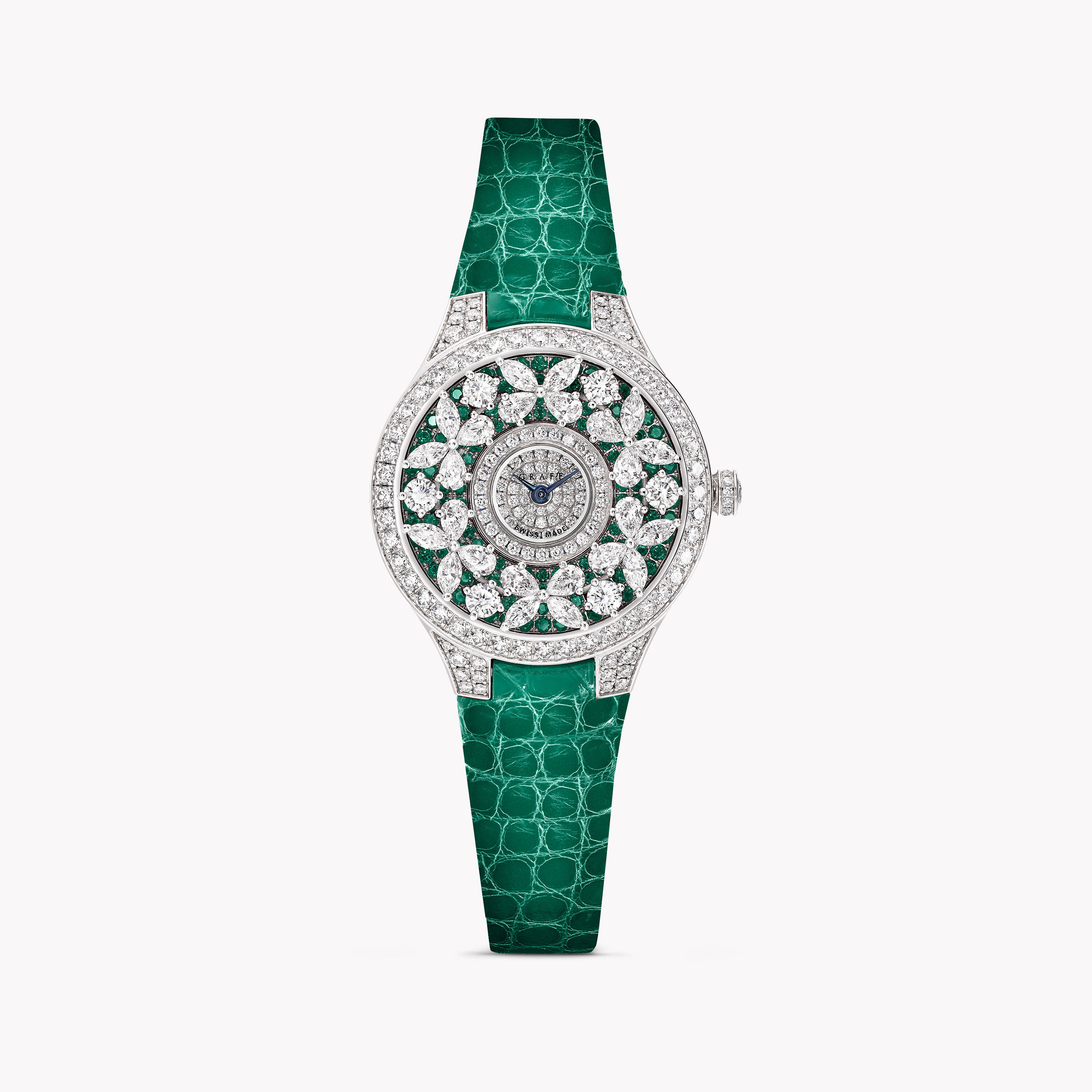 经典蝴蝶腕表- 祖母绿配钻石和绿色皮革表带| 格拉夫